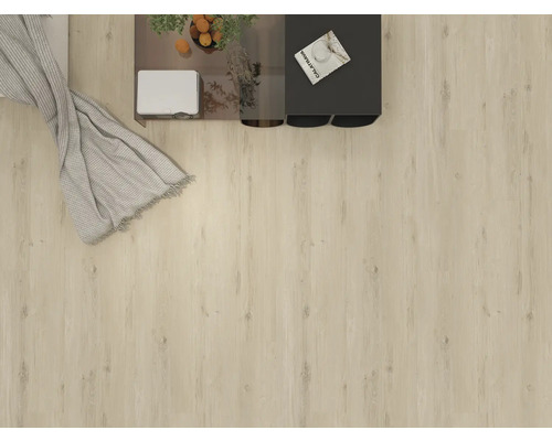 Vy från ett rum med laminatgolv, bord och filt