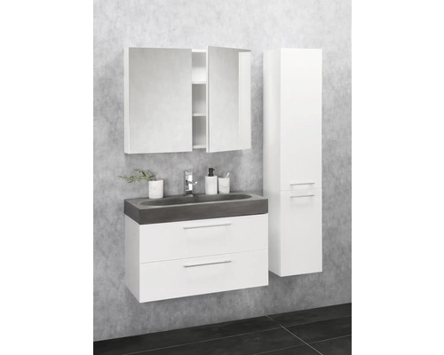 Badrumsmöbelset med tvättställsskåp, tvättställ, spegelskåp och högskåp