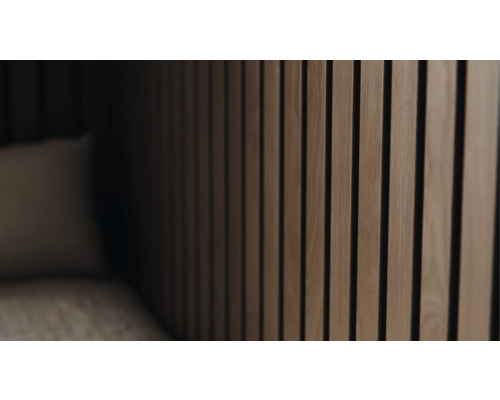 Träväggpanel med vertikala ribbor och ljudisolering