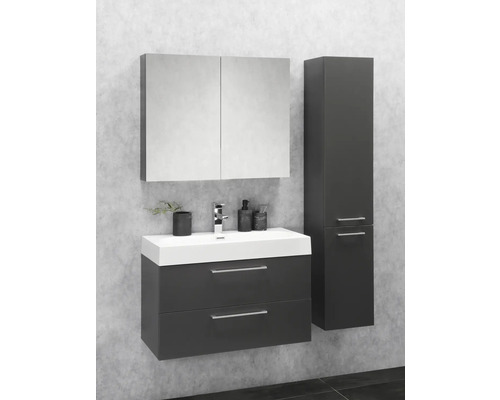 Badrum med tvättställsskåp, spegelskåp och högskåp