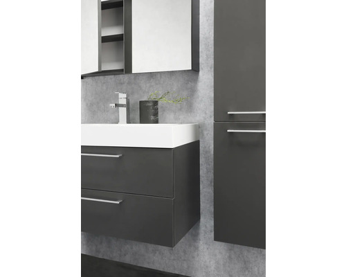 Badrum med tvättställsskåp, spegelskåp och högskåp