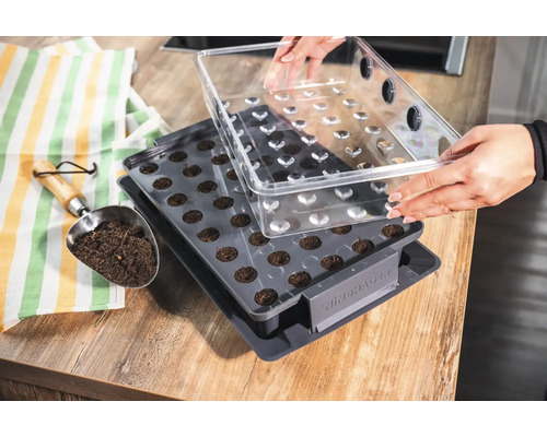 Såtråg med jordtabletter och transparent lock samt en liten spade med jord