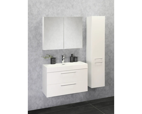 Badrum med tvättställsskåp, spegelskåp och högskåp