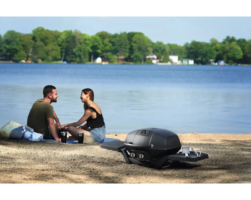 Scen med en bärbar grill vid sjön, inklusive en picknickfilt, drycker och ett par