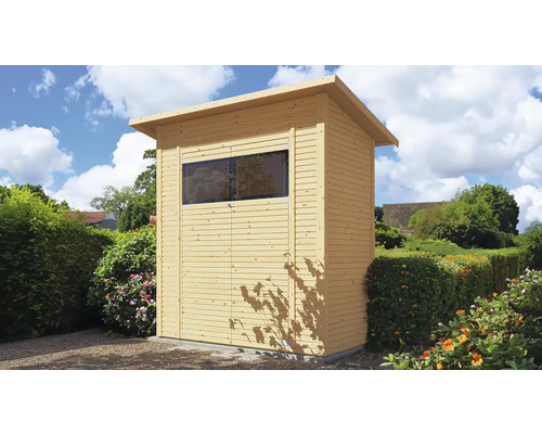 Trädgårdshus i trä med fönster och pulpettak