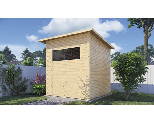 Trädgårdshus i trä med fönster i trädgården