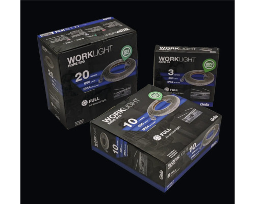 Tre förpackningar Gela Worklight repslingor i olika längder.