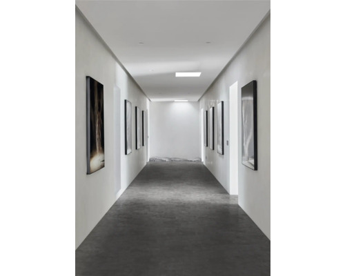 Ljus hall med konstverk på väggarna och betonggolv