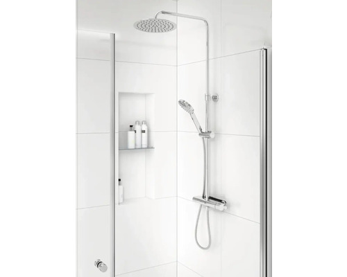 Duschsystem med takdusch och handdusch i badrum