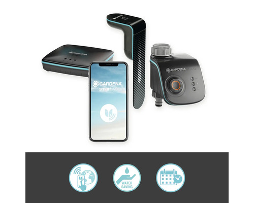 Gardena Smart System-set med gateway, sensor, bevattningskontroll och smartphone
