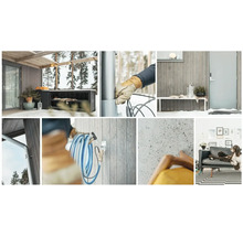 Collage av utomhus- och inomhusutrymmen i ett hus
