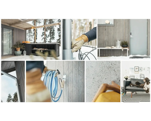 Collage av utomhus- och inomhusutrymmen i ett hus