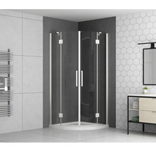 Duschkabin med svängdörrar och handdukstork i badrummet.