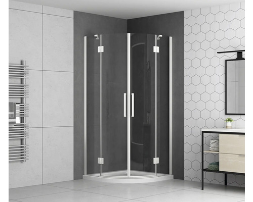 Duschkabin med svängdörrar och handdukstork i badrummet.