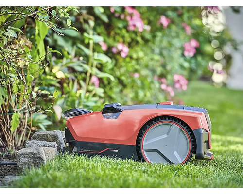 Robotgräsklippare på gräsmatta i trädgården