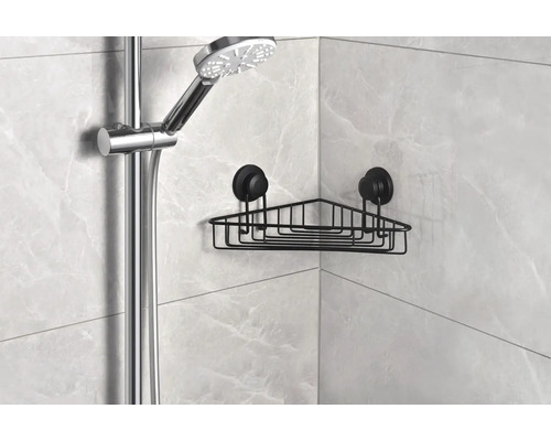 Hörnhylla med sugproppar i en dusch