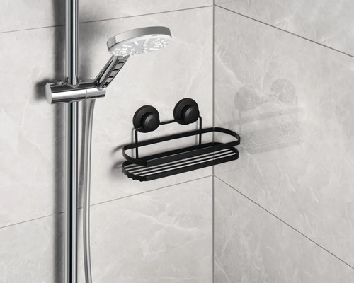 Duschhuvud och duschhylla med sugkoppsfastsättning på kakelvägg
