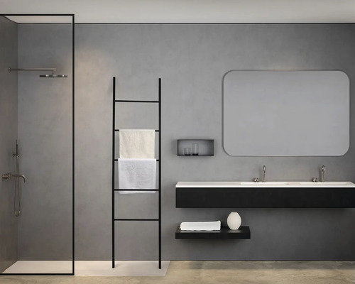 Modernt badrum med dusch, handfat, spegel och handdukshållare