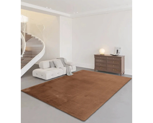 Vardagsrum med brun matta, soffa och byrå