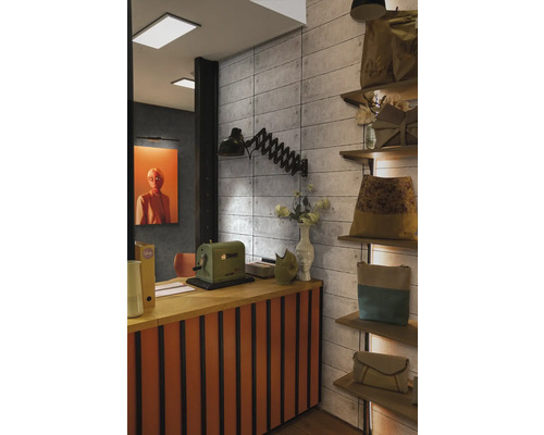 Interiör med disk, lampa och hyllor med varor