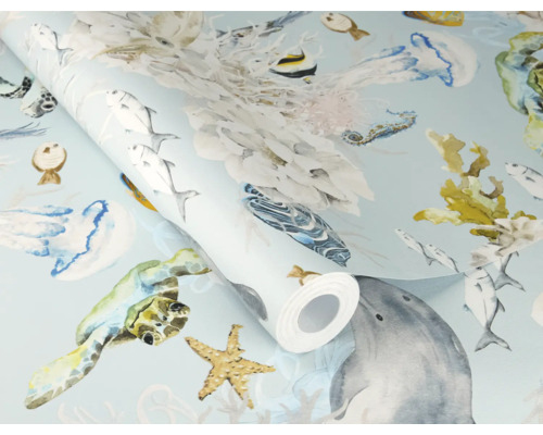 Tapetrulle med marint tema, inklusive delfiner, maneter, fiskar, sjöstjärnor och sköldpaddor