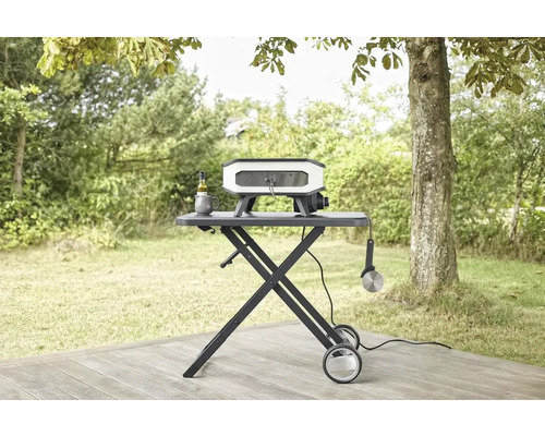 Pizzaugn på rullvagn i en trädgård med olivolja, mugg och pizzaskärare