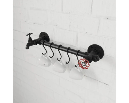 Vägghängd glashållare av svart metall i industriell stil med kran och ventildesign