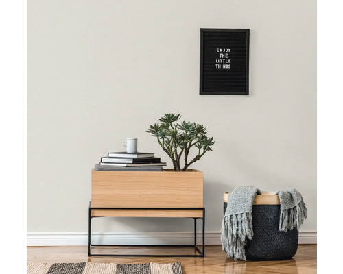 Vardagsrum med växt, dekorativa föremål och textmeddelande på väggen