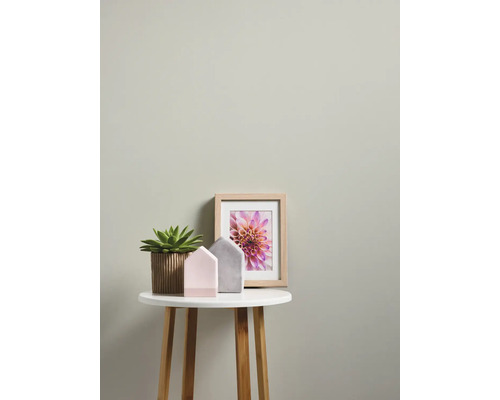 Dekoration med suckulent i kruka, två dekorativa hus och en bild på ett sidobord