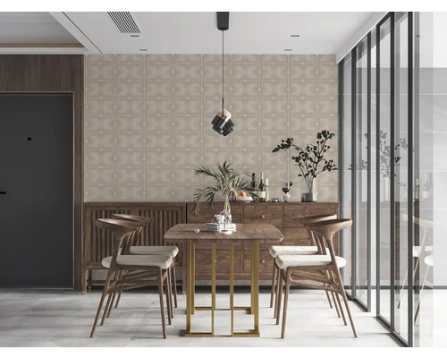 Matsal med matbord, stolar, byrå och väggbeklädnad