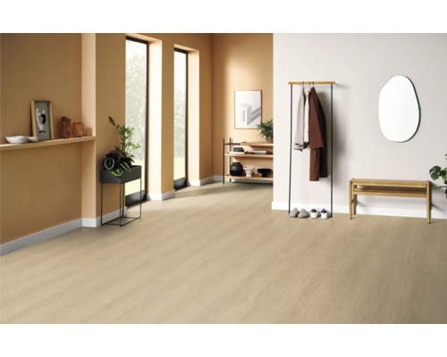 Ljust rum med trägolv, garderob och dekorativa föremål