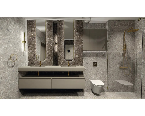 Modernt badrum med tvättställ, speglar, toalett och dusch med grå stengodsplattor.