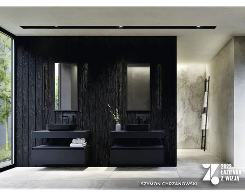 Badrum med två handfat, speglar och mörk träpanel