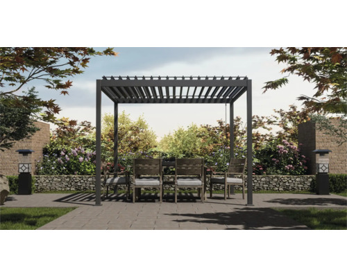 Pergola MIRADOR Basic 88 med lamelltak stolptjocklek 8,8x8,8cm 300x360cm antracit Trädgård med pergola och trädgårdsmöbler på terrass