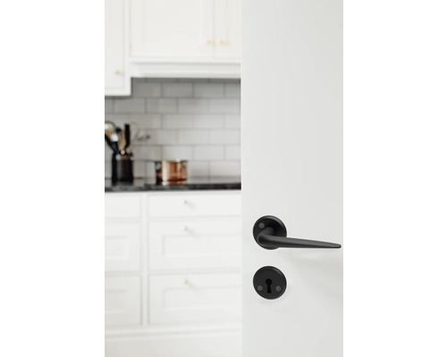 Svart dörrhandtag med köksbakgrund