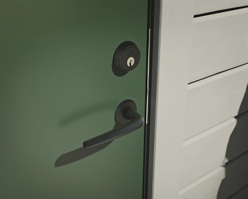 Närbild av en ytterdörr med lås och dörrhandtag