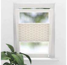 Fönster med beige plisségardin och geometriskt mönster