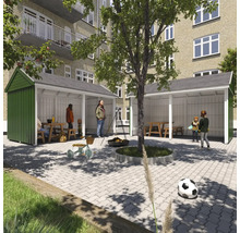 Scen med två lusthus, bord, bänkar, eldstad och diverse fritidsartiklar på en innergård