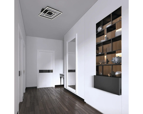 Ljus hall med taklampa, dörrar och hyllor