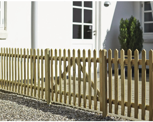 Trästaket med spetsiga ribbor framför ett hus