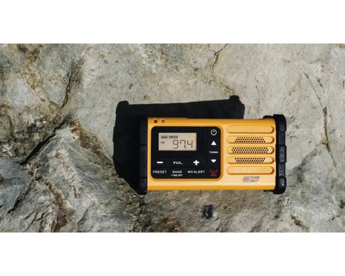 Bärbar gul nödradio med digital display