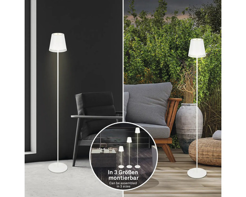 Golvlampa för utomhusbruk med vit skärm och möjlighet att monteras i tre storlekar.