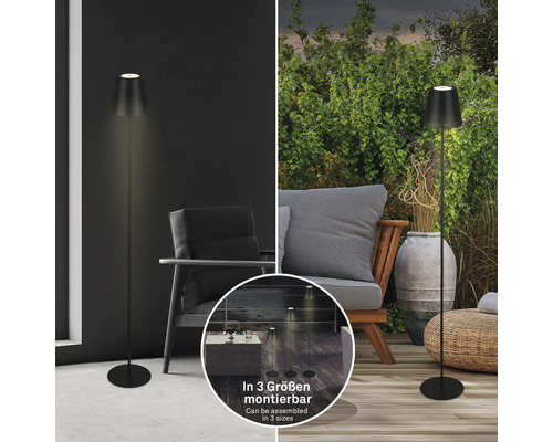 Miljöbild av en monterbar utomhuslampa i tre storlekar för altan och trädgård.