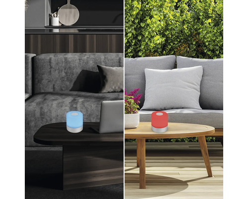 Miljöbild: Interiör med blått och exteriör med rött LED-ljus