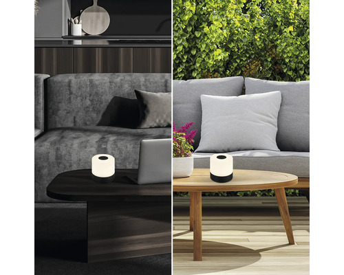 Två scener visar en bärbar lampa inomhus och utomhus