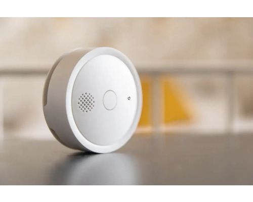 Rund rökdetektor med testknapp och högtalargaller.