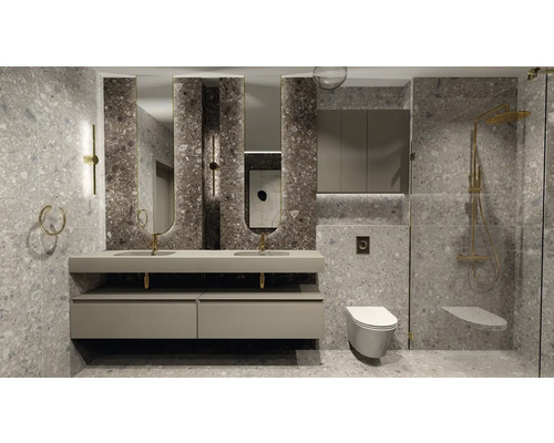 Modernt badrum med handfat, speglar, dusch och toalett mot grå bakgrund