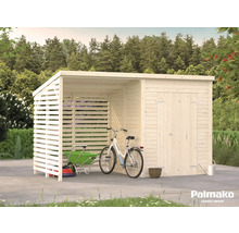 Trädgårdshus i trä med förvaringsutrymme och cykel framför huset