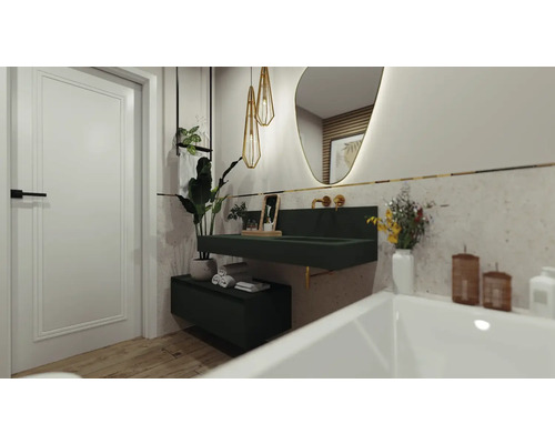 Modernt badrum med grön tvättställ, spegel och växter