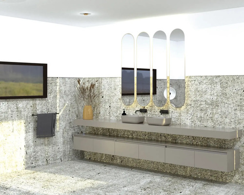 Badrum med handfat, speglar, handdukshållare och dekoration